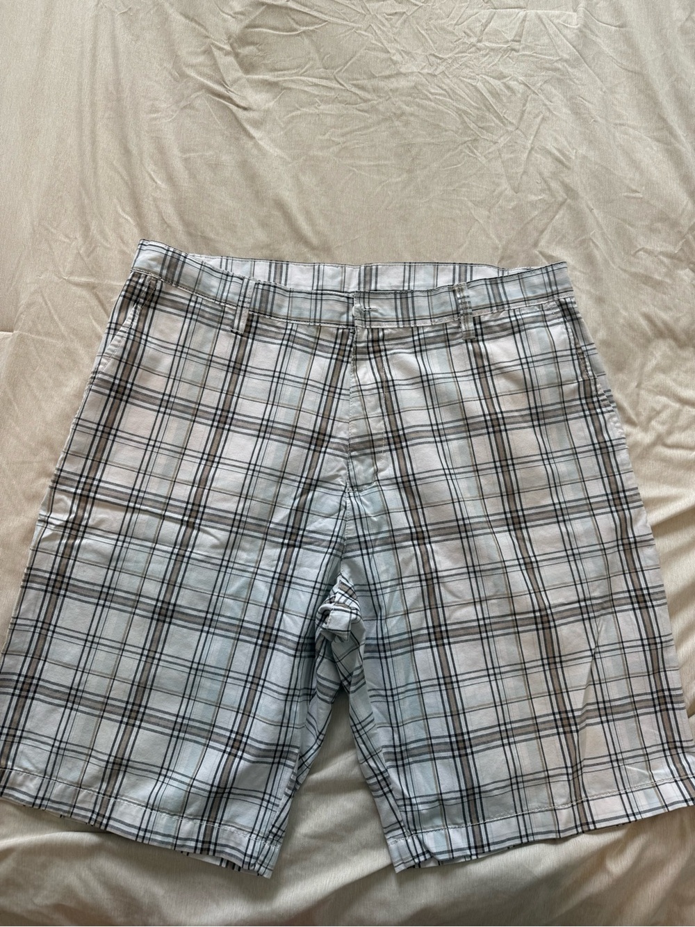 burnside White, Blue, and Black Plaid Flat Front Shorts